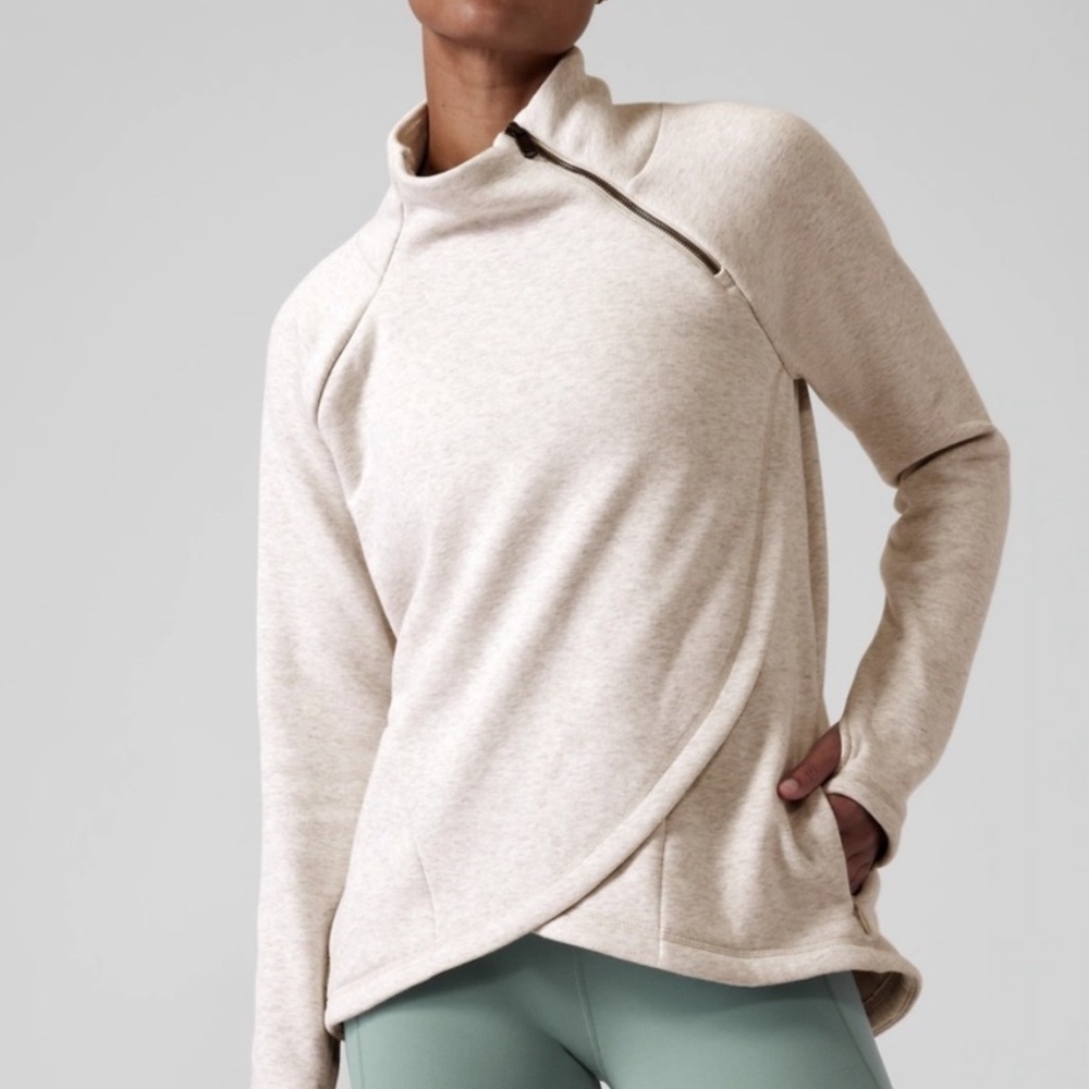 Athleta Cozy Karma Asym Pullover Women’s XL Oatmeal Heather Fleece Lined